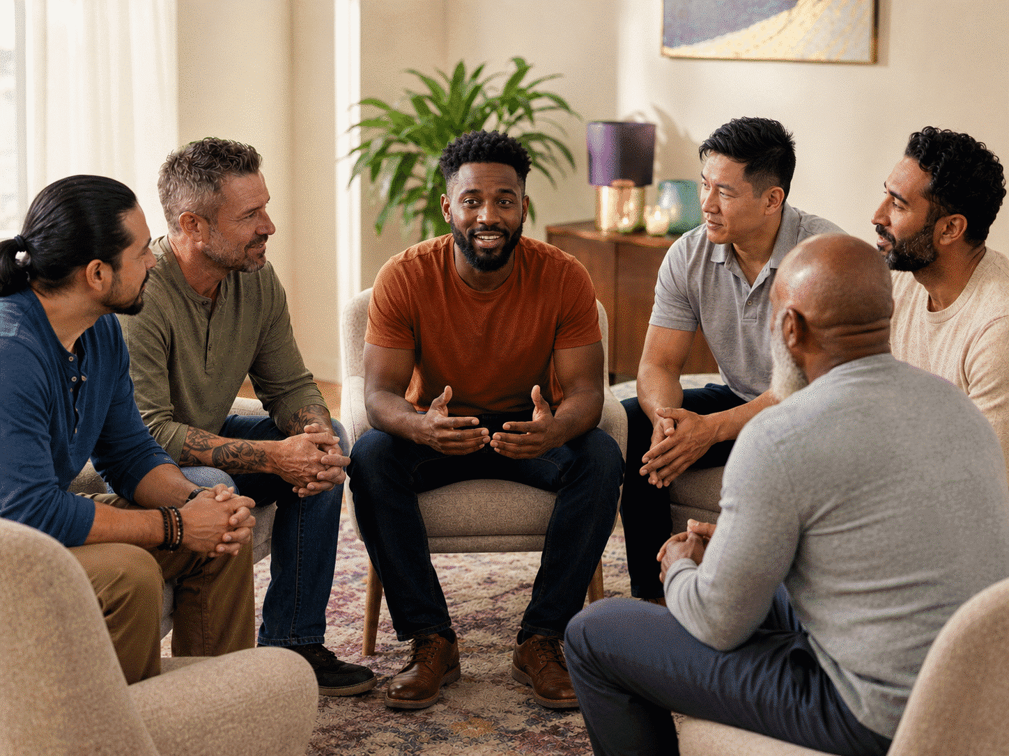 Men gathered in a supportive environment for connection and growth.