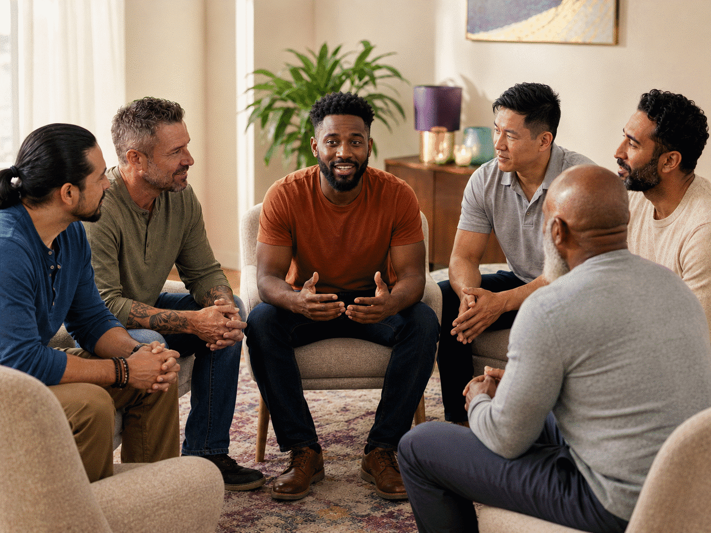 Men gathered in a welcoming Rooted and Rising community setting
